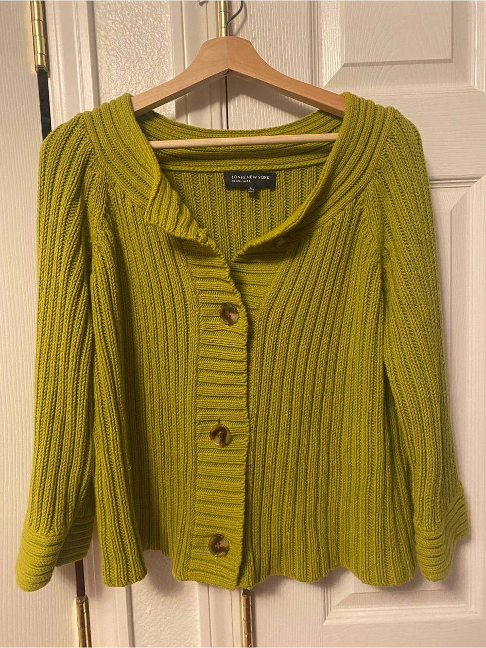 Jones New York Chartreuse Ribbed Button-Front Cardigan